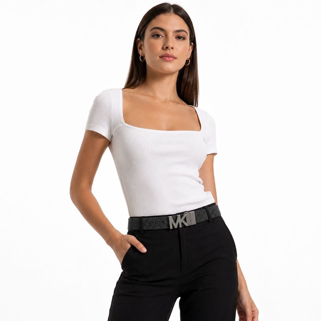 CORREA MICHAEL KORS MUJER REVERSIBLE PLAQUE LOGO NEGRA MONOGRAM CON HEBILLA MK PLATEADA - 4