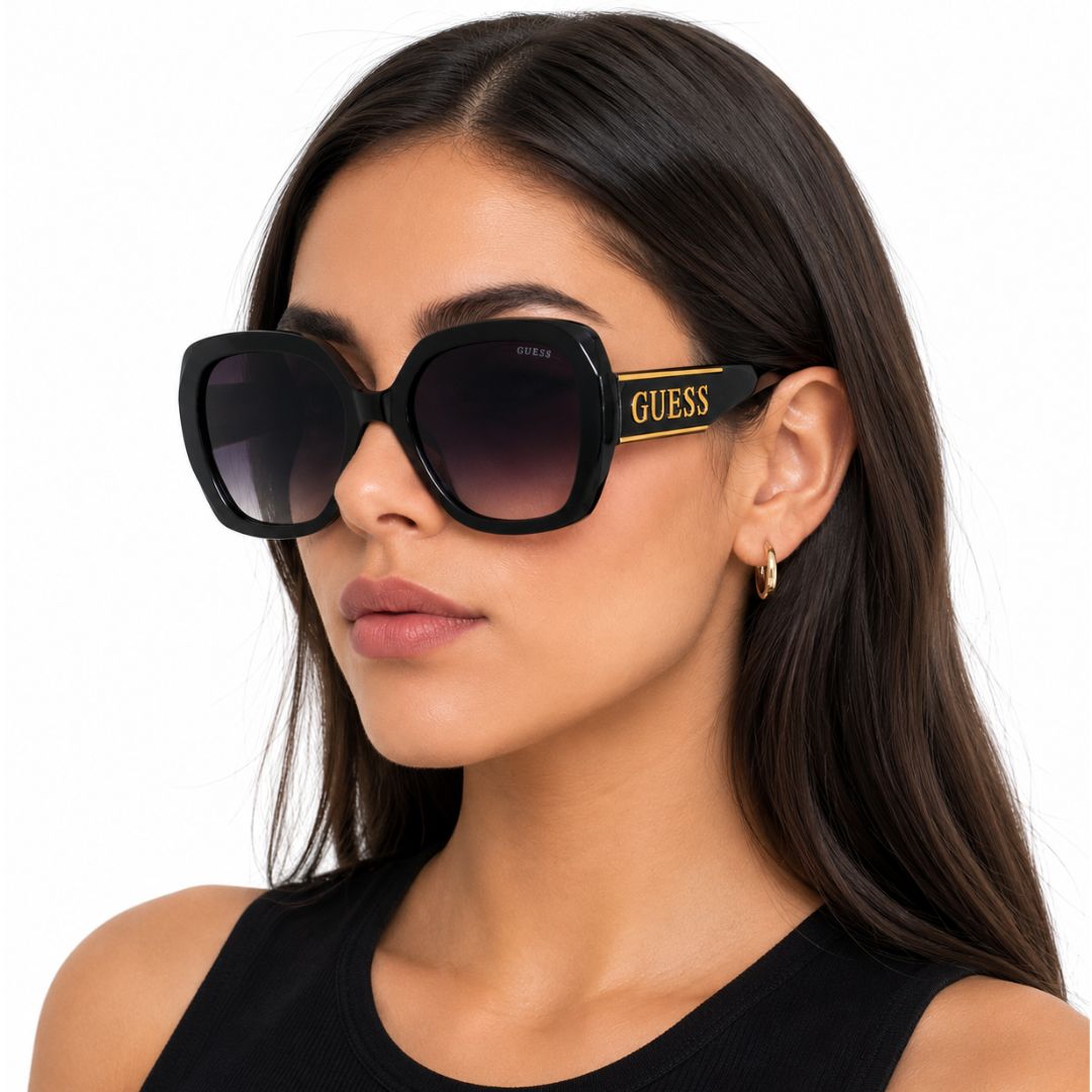 LENTES DE SOL GUESS MUJER OVERSIZE LOGO NEGRO DORADO PROTECCIÓN UV CON ESTUCHE - 5
