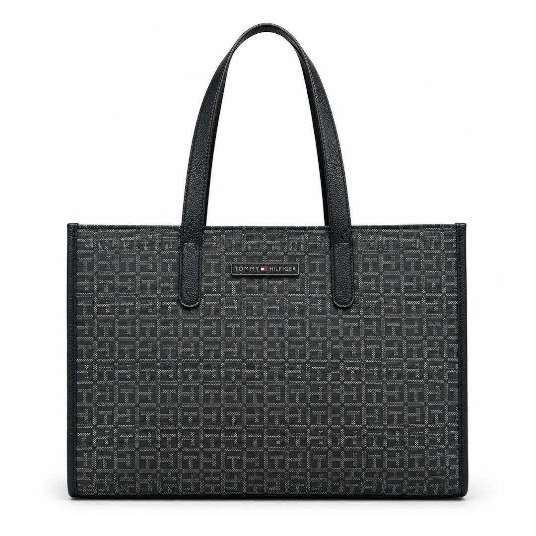 CARTERA TOTE MUJER TOMMY HILFIGER GRIS NEGRO MONOGRAMA TH - 1
