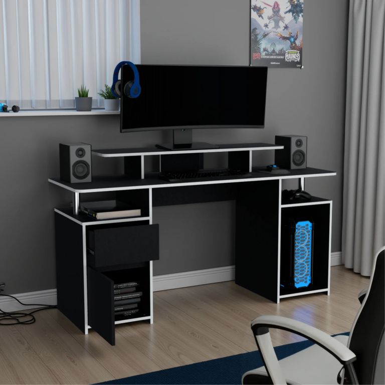 ESCRITORIO GAMER RECTO KERIA CON NIVEL PARA MONITOR 1 CAJON 1 PUERTA - WENGUE / CANTO BLANCO - 1