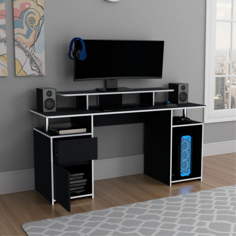 ESCRITORIO GAMER RECTO KERIA CON NIVEL PARA MONITOR 1 CAJON 1 PUERTA - WENGUE / CANTO BLANCO - 2