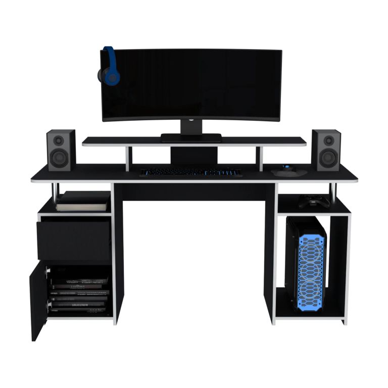 ESCRITORIO GAMER RECTO KERIA CON NIVEL PARA MONITOR 1 CAJON 1 PUERTA - WENGUE / CANTO BLANCO - 3