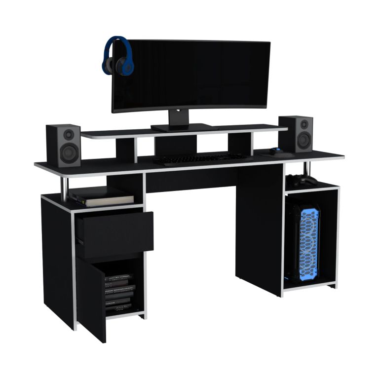 ESCRITORIO GAMER RECTO KERIA CON NIVEL PARA MONITOR 1 CAJON 1 PUERTA - WENGUE / CANTO BLANCO - 4