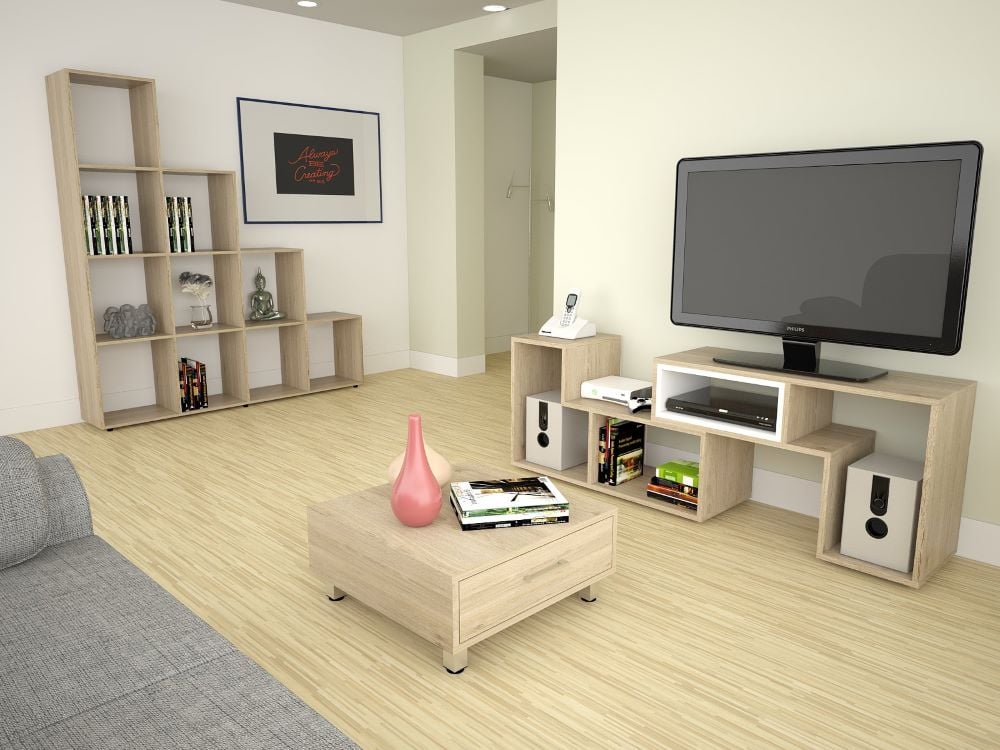 SET TUHOME BEIJING RACK EXTENSIBLE TV40 + BIBLIOTECA ESCALERA + MESA DE CENTRO ROVERE - 1