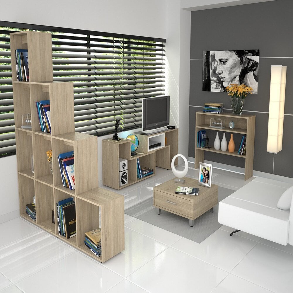 SET TUHOME BEIJING RACK EXTENSIBLE TV40 + BIBLIOTECA ESCALERA + ARRIMO + MESA DE CENTRO ROVERE - 1