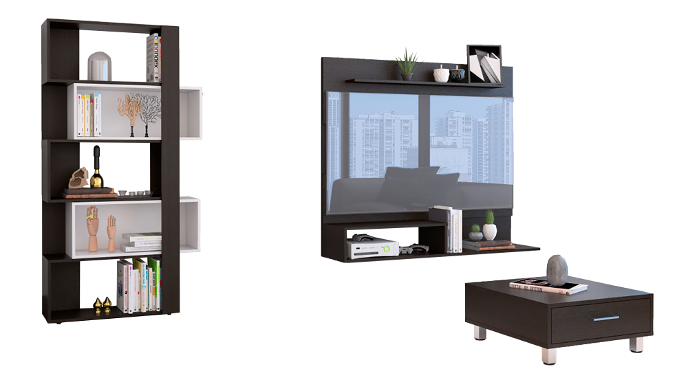 TUHOME PANEL TV55 + BIBLIOTECA CUBO + MESA DE CENTRO - WENGUE - 2
