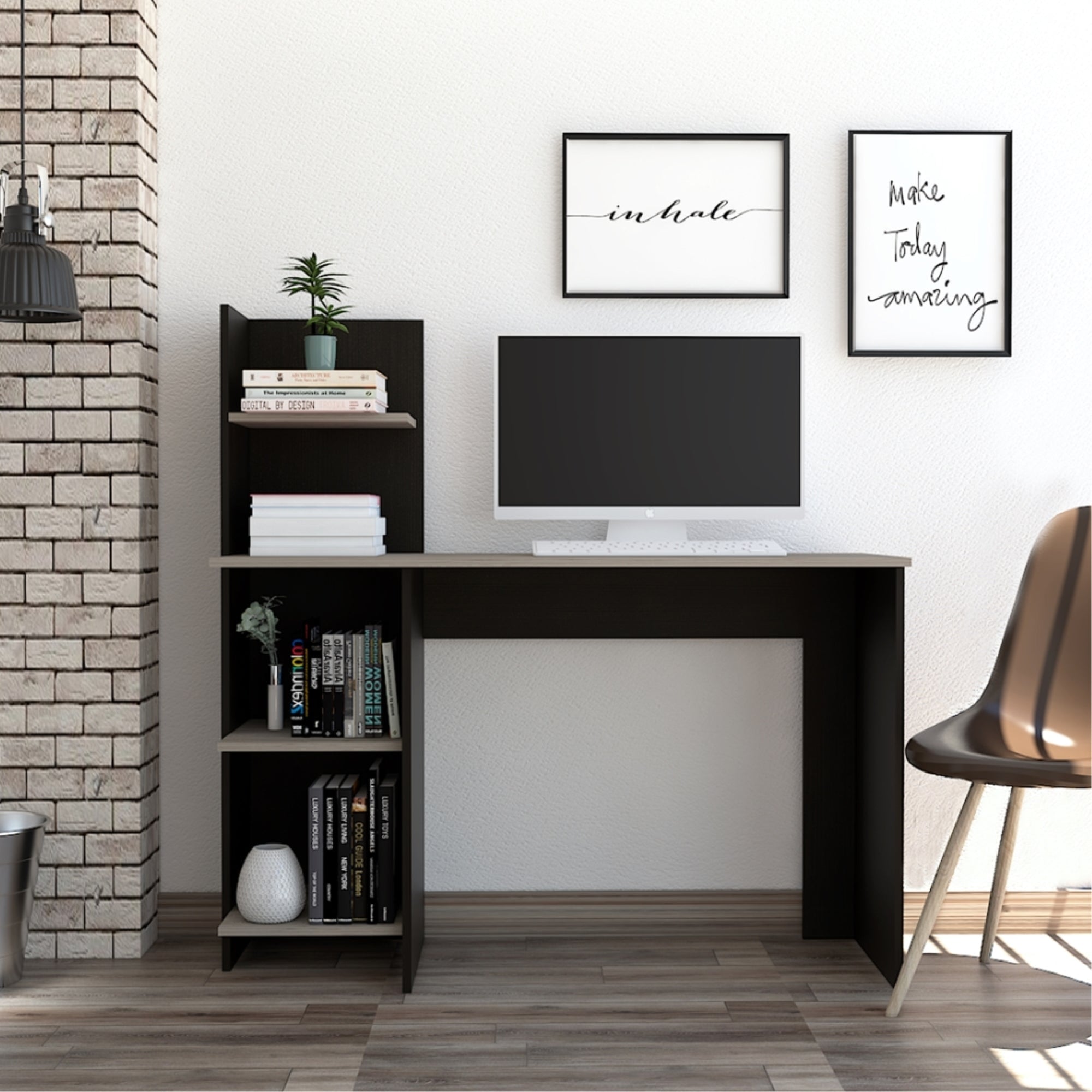 ESCRITORIO CON BIBLIOTECA OFFICE WENGUE Y CENIZA 120X120X45 CM - 5