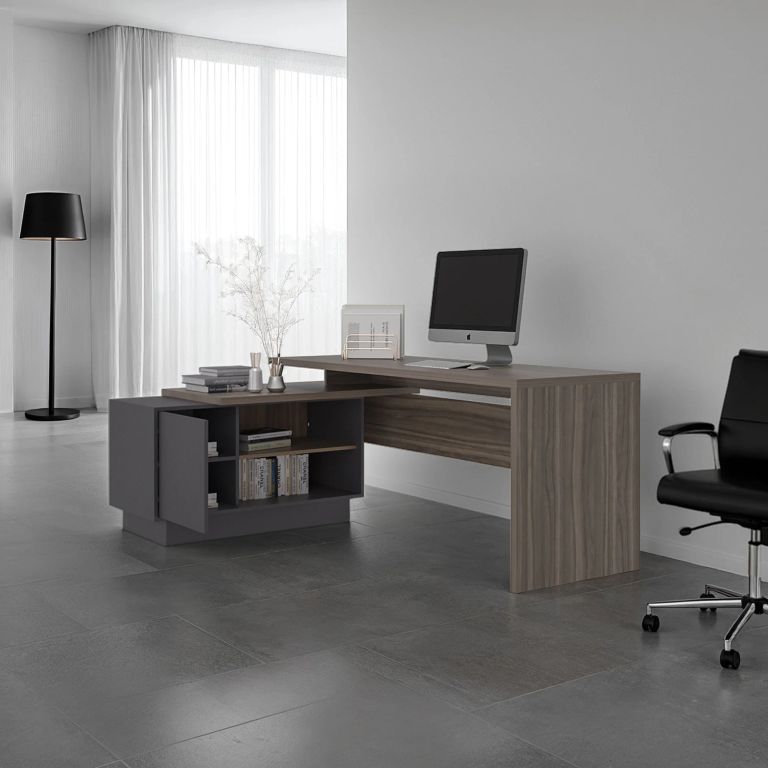 ESCRITORIO EN L 1 PUERTA OFFICE AVELLANA Y PLOMO 71,2X179,0X125,7 CM - 2
