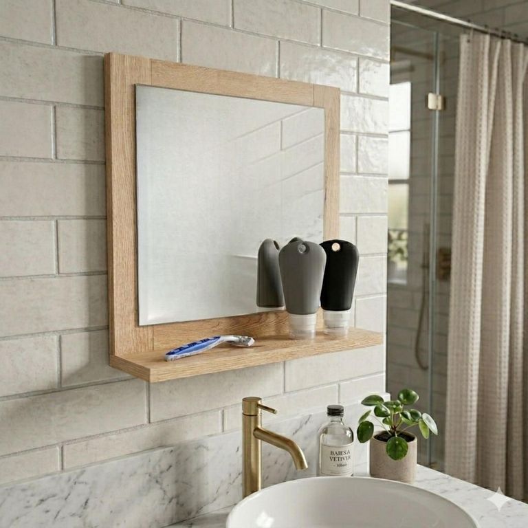 ESPEJO RECTANGULAR MARCO DE MADERA Y REPISA 35,0X35,0X10,0 CM - 1