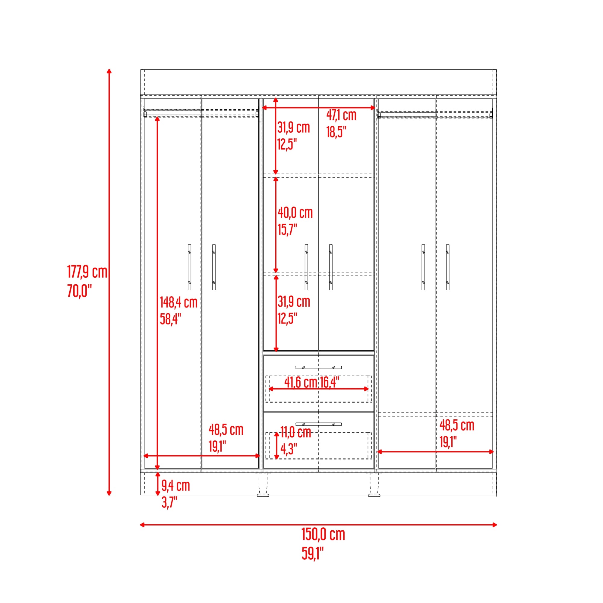 ROPERO 6 PUERTAS 2 CAJONES 150 VM CARTAGENA Y WENGUE 177,9X150,0X50,4 CM - 8