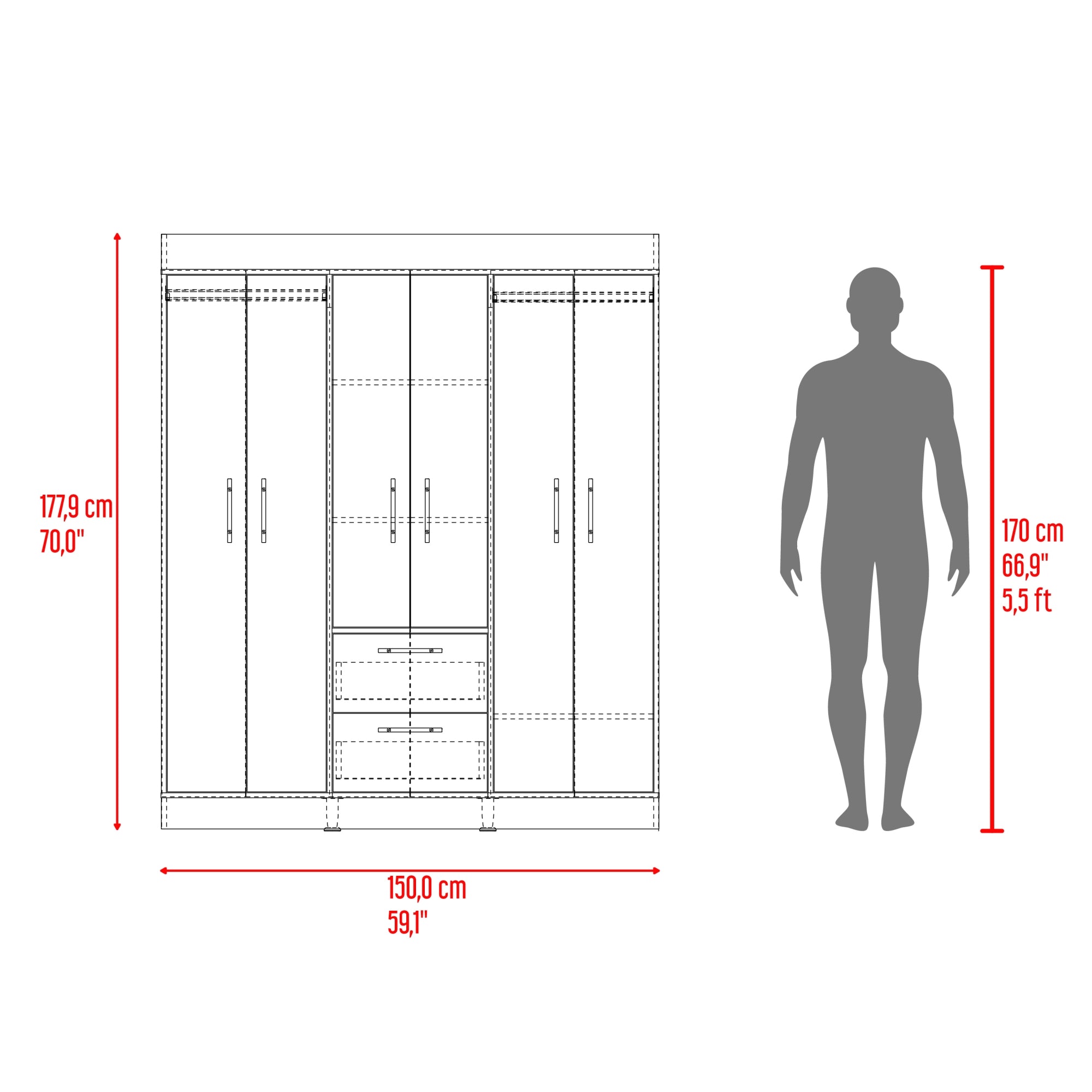 ROPERO 6 PUERTAS 2 CAJONES 150 VM CARTAGENA Y WENGUE 177,9X150,0X50,4 CM - 9