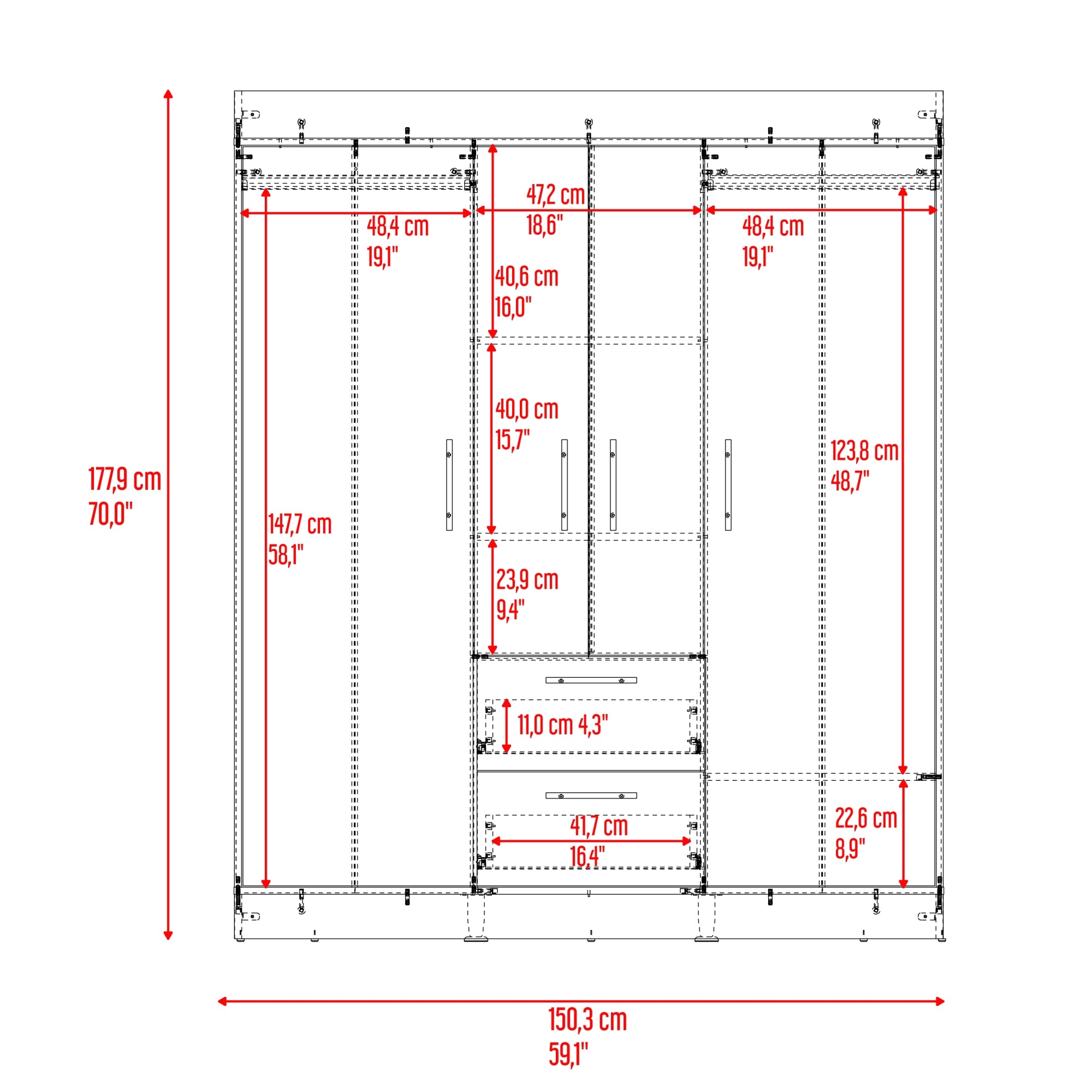 ROPERO 4 PUERTAS 2 CAJONES 150 VM CARTAGENA Y WENGUE 177,9X150,3X50,4 CM - 8