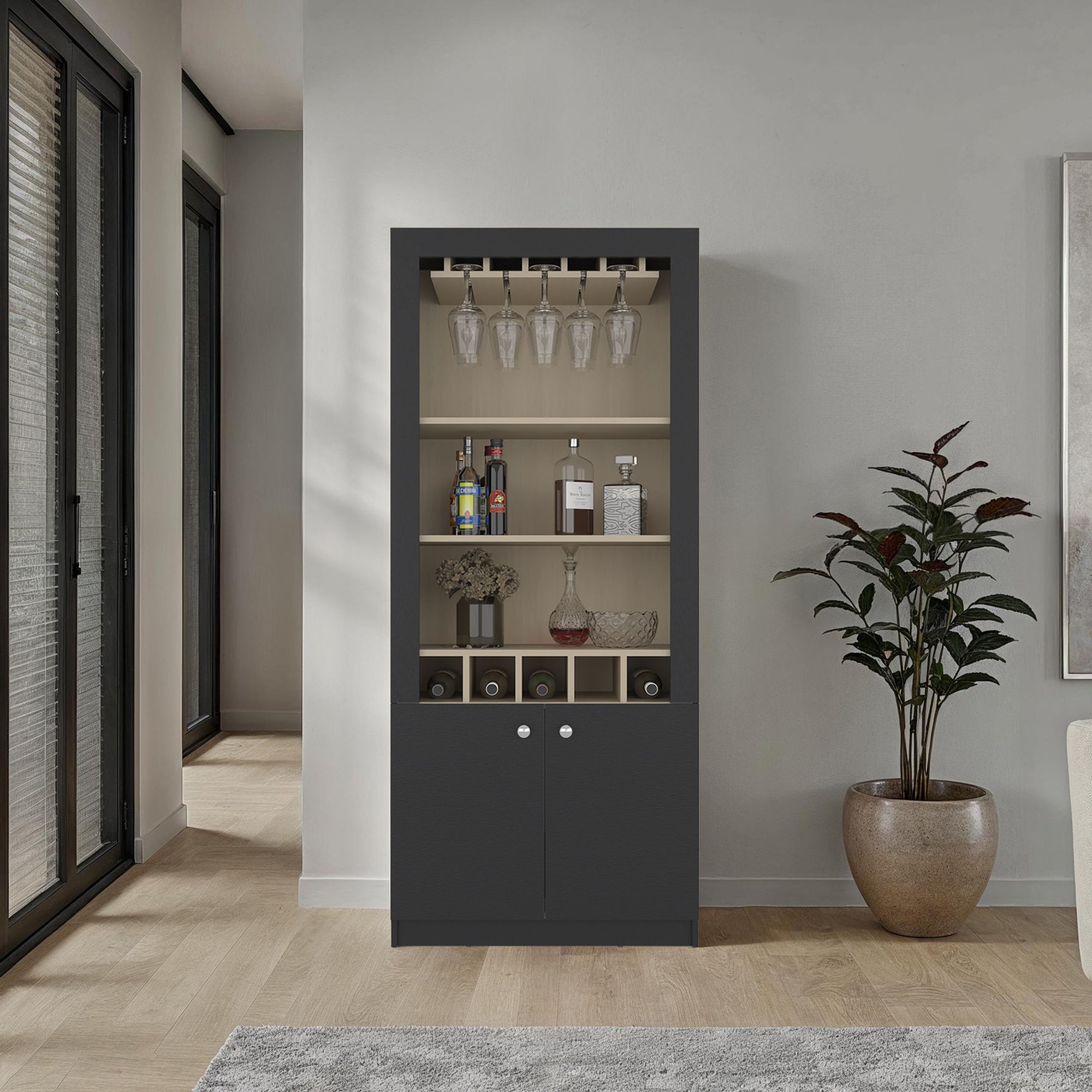 BAR ALTO 2 PUERTAS 5 BOTELLEROS Y PORTACOPAS BELLAGIO WENGUE Y CARTAGENA 175,0X75,0X36,5 CM - 4