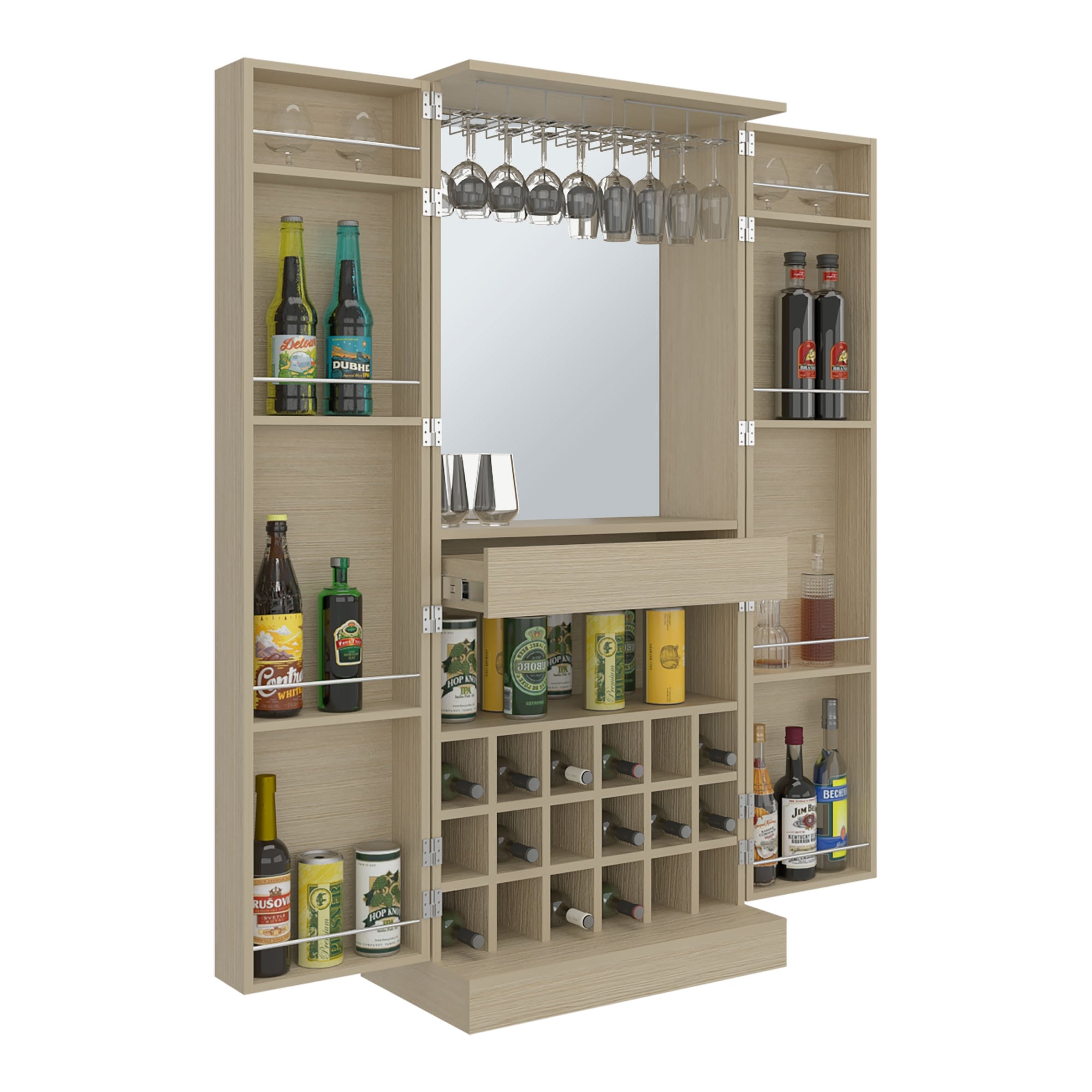 BAR ALTO 2 PUERTAS 1 CAJON ESPEJO INTERIOR 18 BOTELLEROS Y PORTACOPAS MALBEC CARTAGENA 175,0X150,6X42,5 CM - 1