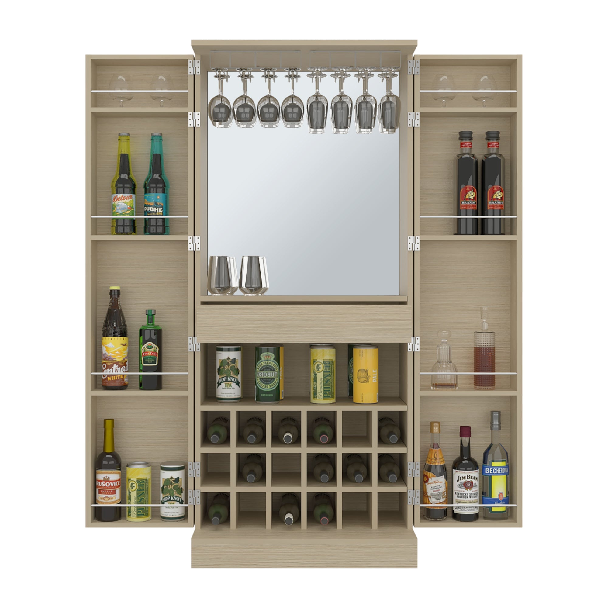 BAR ALTO 2 PUERTAS 1 CAJON ESPEJO INTERIOR 18 BOTELLEROS Y PORTACOPAS MALBEC CARTAGENA 175,0X150,6X42,5 CM - 2