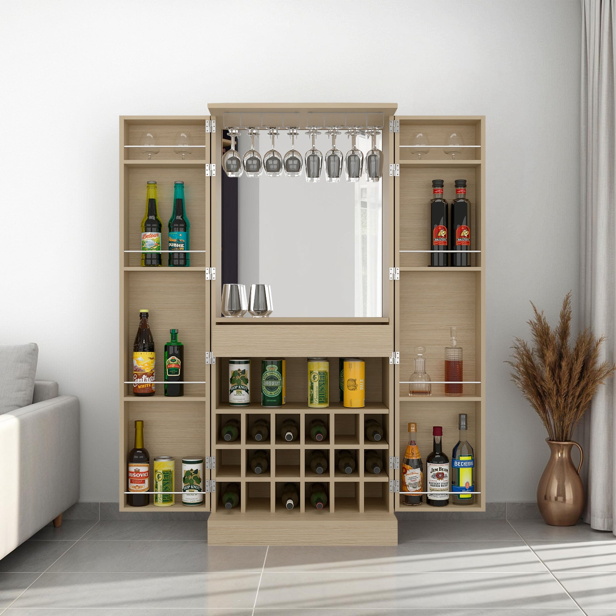 BAR ALTO 2 PUERTAS 1 CAJON ESPEJO INTERIOR 18 BOTELLEROS Y PORTACOPAS MALBEC CARTAGENA 175,0X150,6X42,5 CM - 4