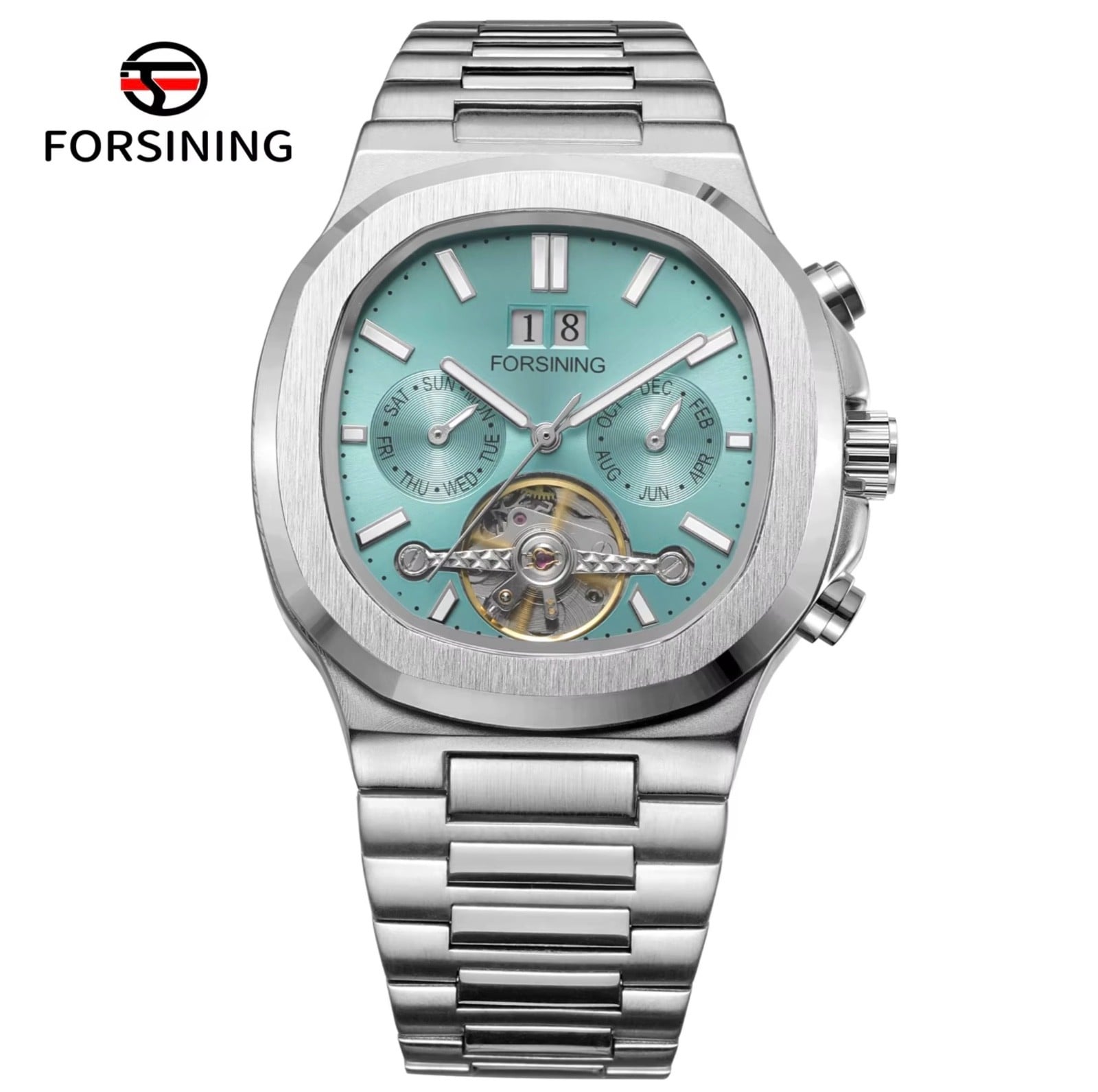 RELOJ FORSINING TM481 SKELETON PARA HOMBRE DE ACERO INOXIDABLE COLOR PLATEADO Y TURQUESA FOR-35 - 1
