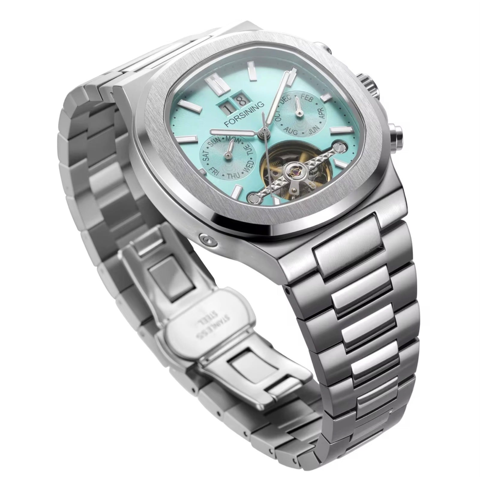RELOJ FORSINING TM481 SKELETON PARA HOMBRE DE ACERO INOXIDABLE COLOR PLATEADO Y TURQUESA FOR-35 - 2