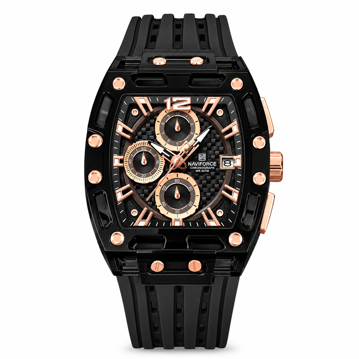 RELOJ NAVIFORCE NF7105 CRONOGRAFO DEPORTIVO PARA HOMBRE DE SILICONA COLOR NEGRO Y ORO ROSA NAV-259 - 1