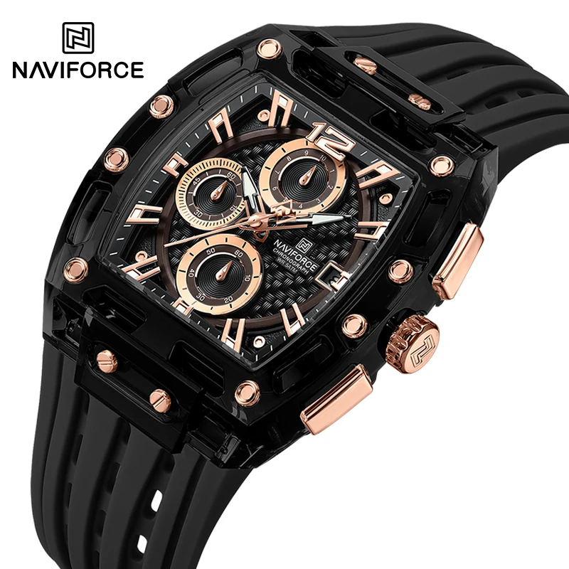 RELOJ NAVIFORCE NF7105 CRONOGRAFO DEPORTIVO PARA HOMBRE DE SILICONA COLOR NEGRO Y ORO ROSA NAV-259 - 2