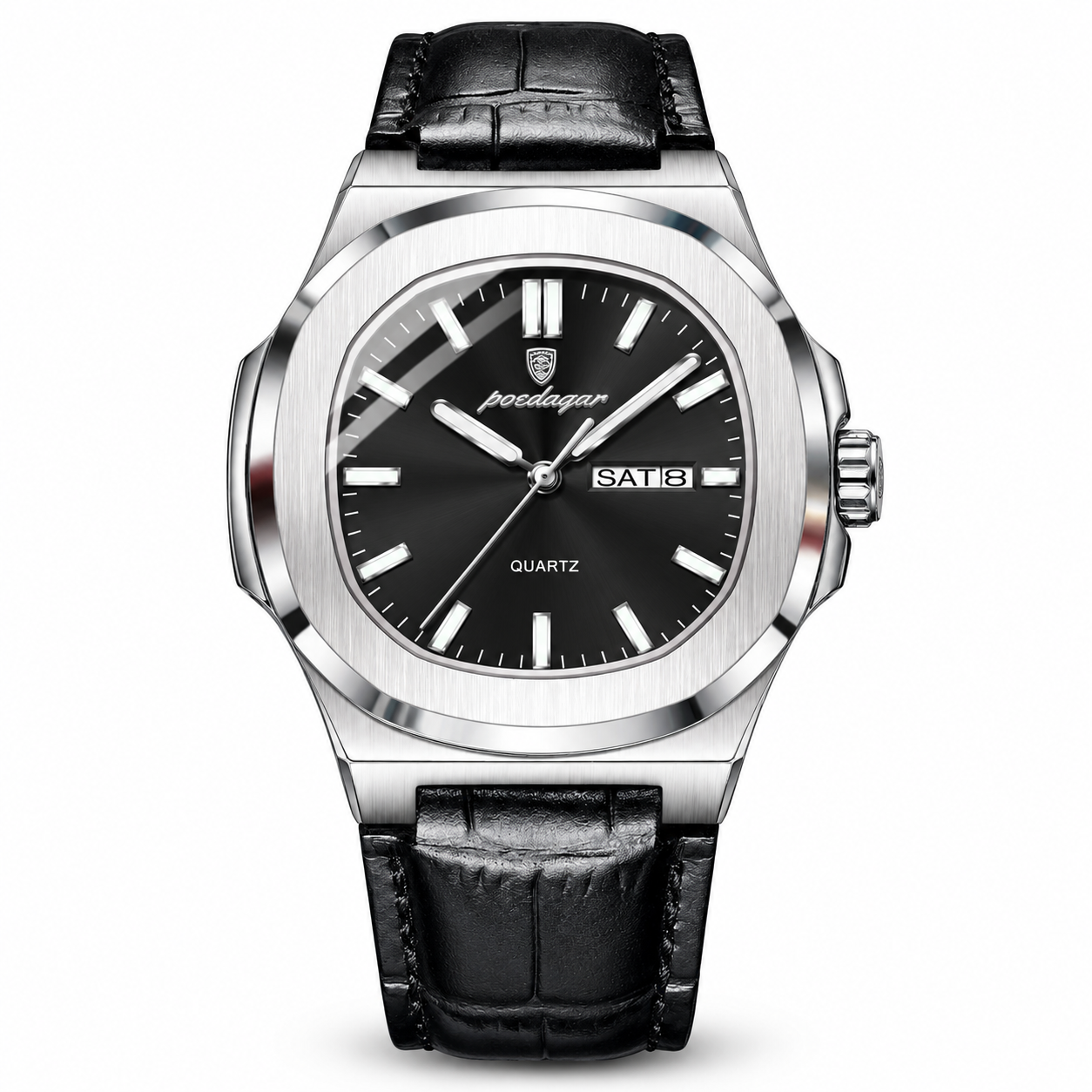 RELOJ POEDAGAR 853 CASUAL PARA HOMBRE DE CUERO COLOR NEGRO Y PLATEADO POE-54 - 1