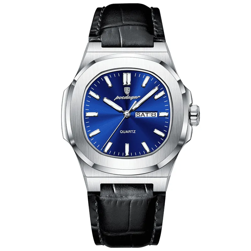 RELOJ POEDAGAR 853 CASUAL PARA HOMBRE DE CUERO COLOR AZUL NEGRO Y PLATEADO POE-56 - 1