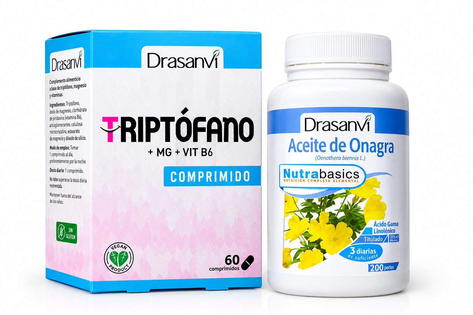 DUO PACK TRIPTÓFANO X 60 COMPRIMIDOS + ACEITE DE ONAGRA X 200 CÁPSULAS BLANDAS - DRASANVI - 1