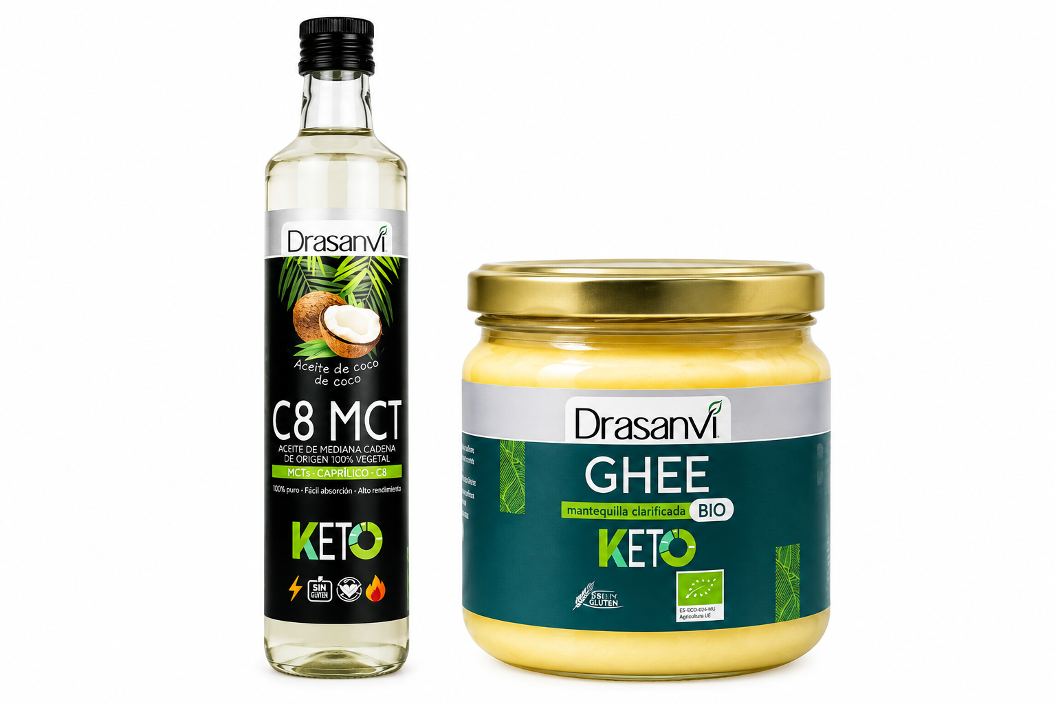 DUO PACK ACEITE PURO DE COCO MCT C8 X 500 ML + MANTEQUILLA CLARIFICADA GHEE X 300 GR KETO - DRASANVI - 1
