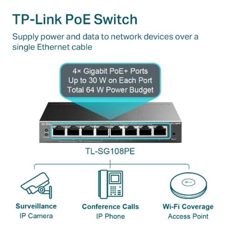 SWITCH TP-LINK TL-SG108PE 4PTS POE GIGABIT + 4PTS GE 64W - 3