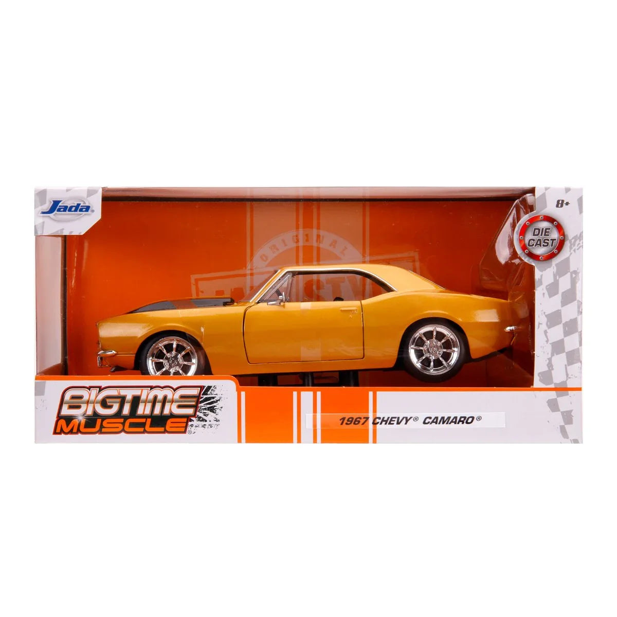 JADA: DIE-CAST METAL VEHICLE | BIGTIME MUSCLE: 1967 CHEVY CAMARO GOLD WITH BLACK STRIPES - ESCALA 1:24 - 1
