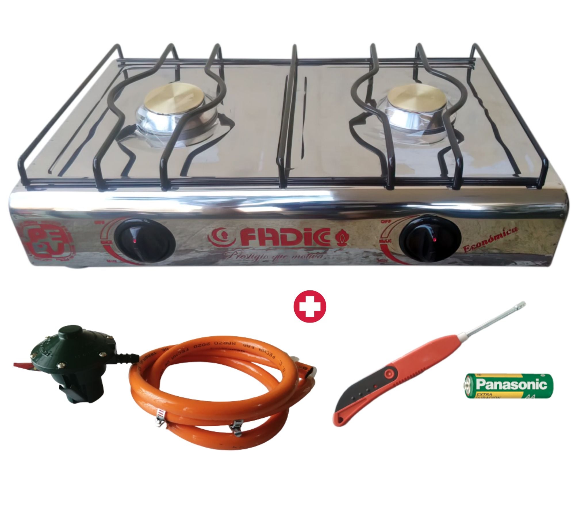 COCINA DE MESA A GAS FADICC 2 QUEMADORES TOTAL ACERO INOX + KIT REGULADOR NORMAL + ENCENDEDOR DE COCINA - 1