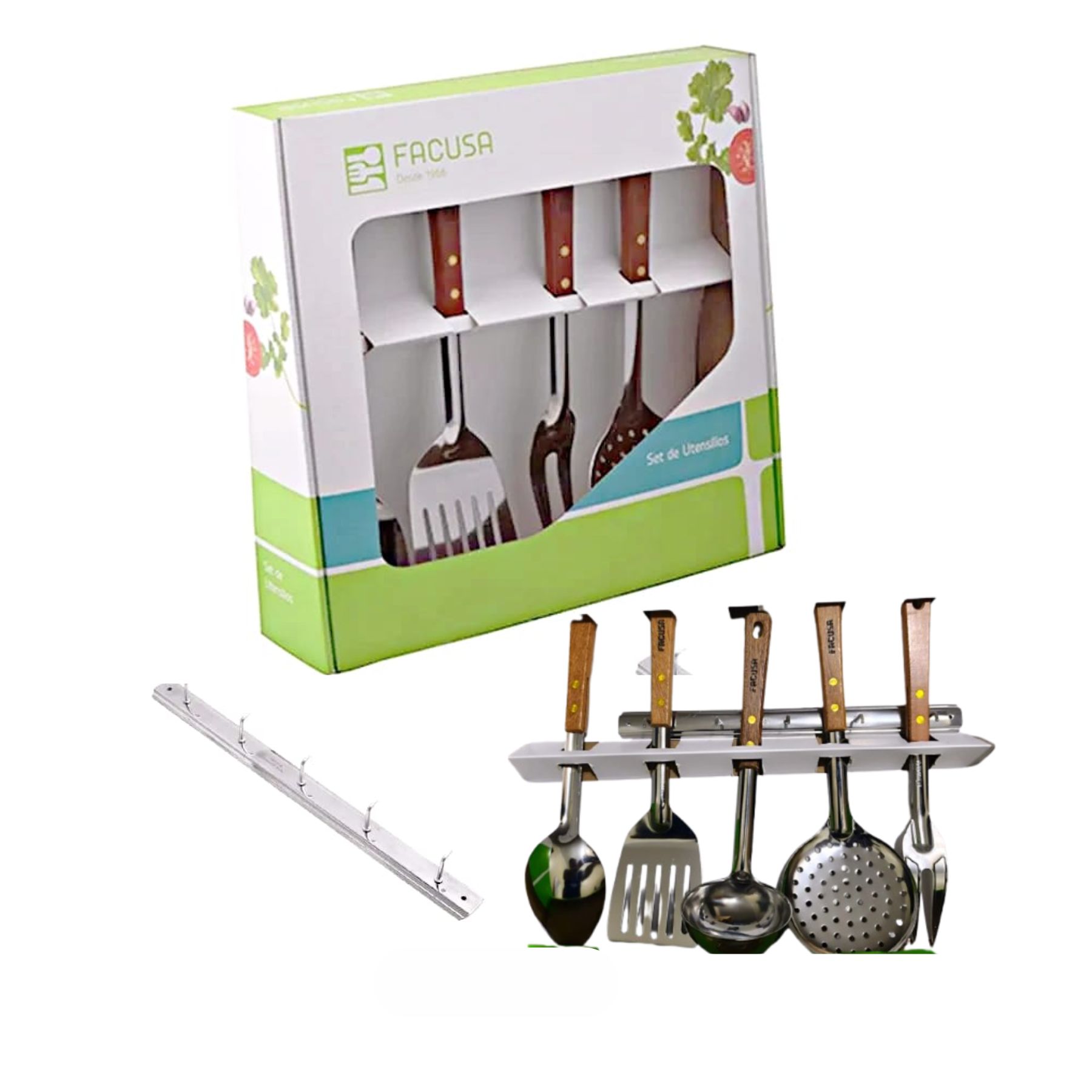 SET DE UTENSILIOS X 5 ACERO INOX MANGO/MADERA + COLGADOR MARCA FACUSA - 1