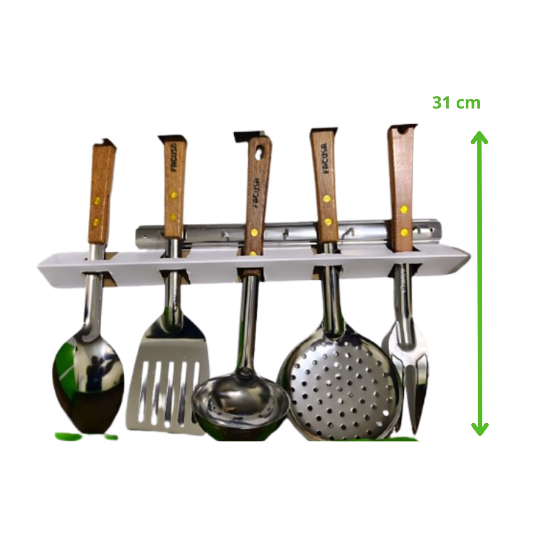 SET DE UTENSILIOS X 5 ACERO INOX MANGO/MADERA + COLGADOR MARCA FACUSA - 2