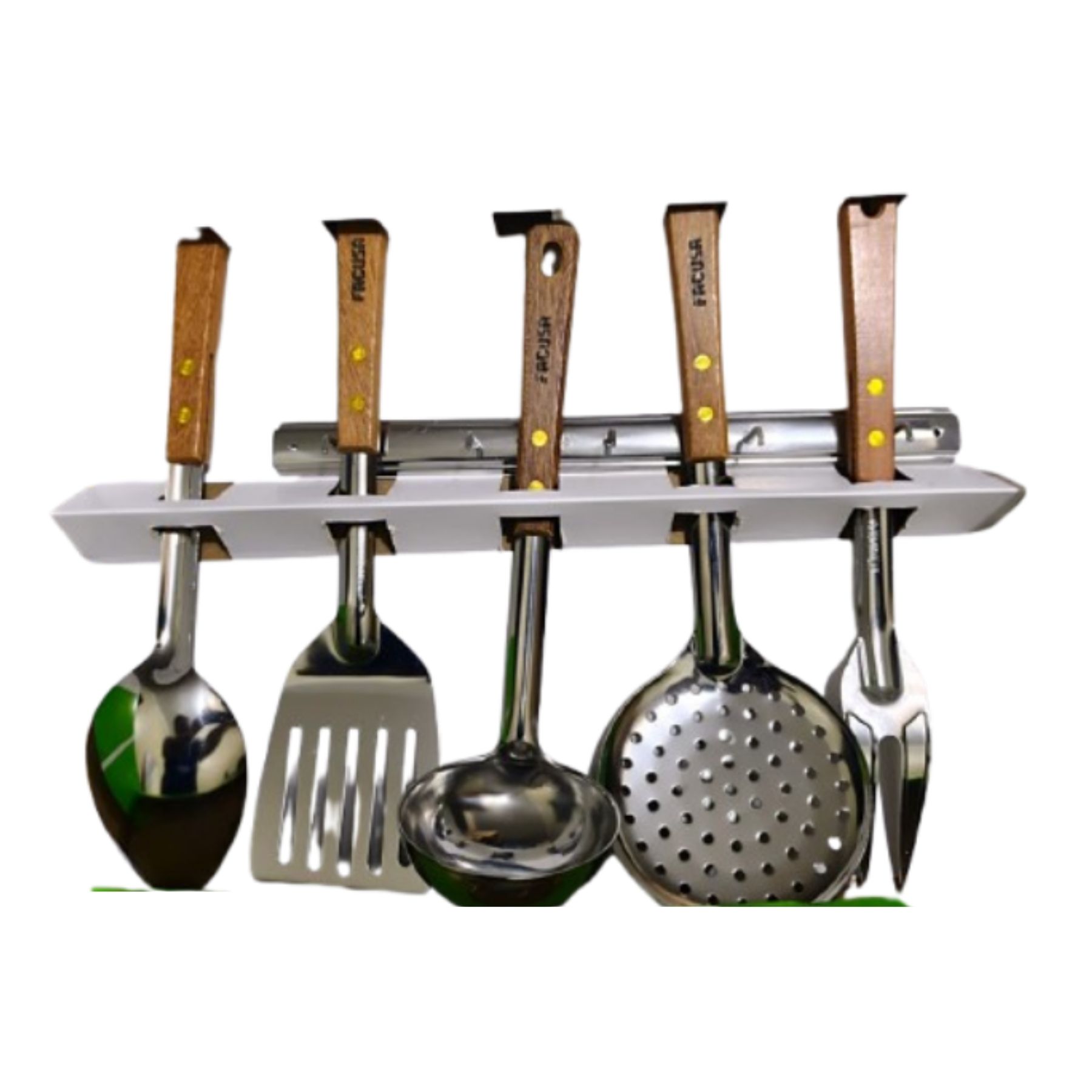 SET DE UTENSILIOS X 5 ACERO INOX MANGO/MADERA + COLGADOR MARCA FACUSA - 3