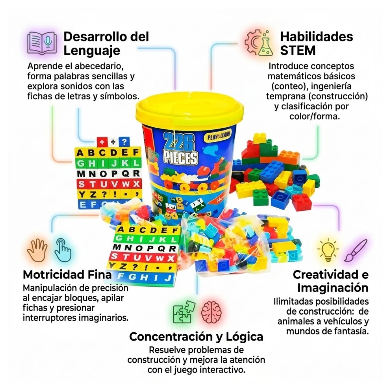 BALDE GRANDE DIDÁCTICO CON BLOQUES 226PZAS Y TAPA DE RELOJ - 2
