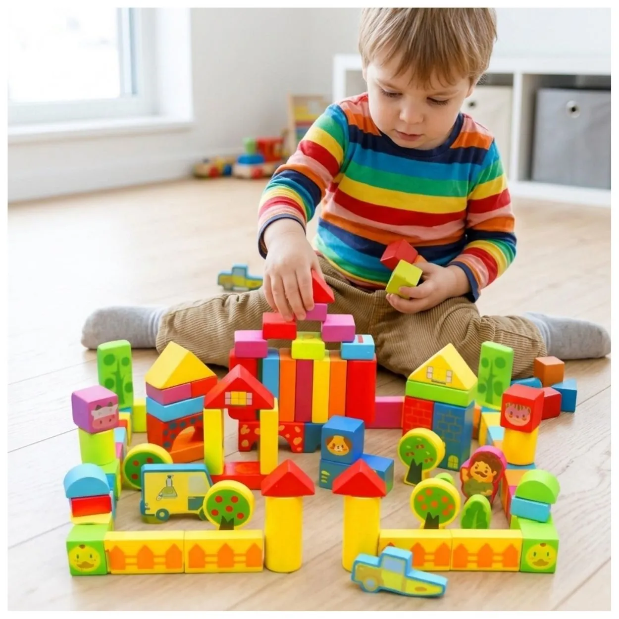 SET BLOQUES DE CONSTRUCCIÓN GRANJA MONTESSORI DE COLORES 100PZS - 3