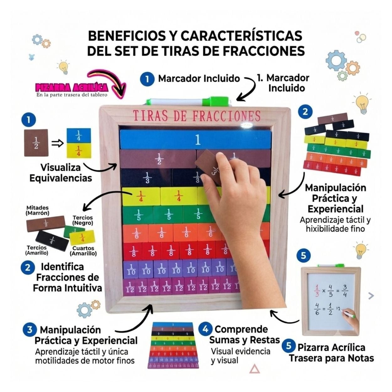 TABLERO DIDÁCTICO FRACCIONES DE MADERA CON PIZARRA PARA NIÑOS - 2