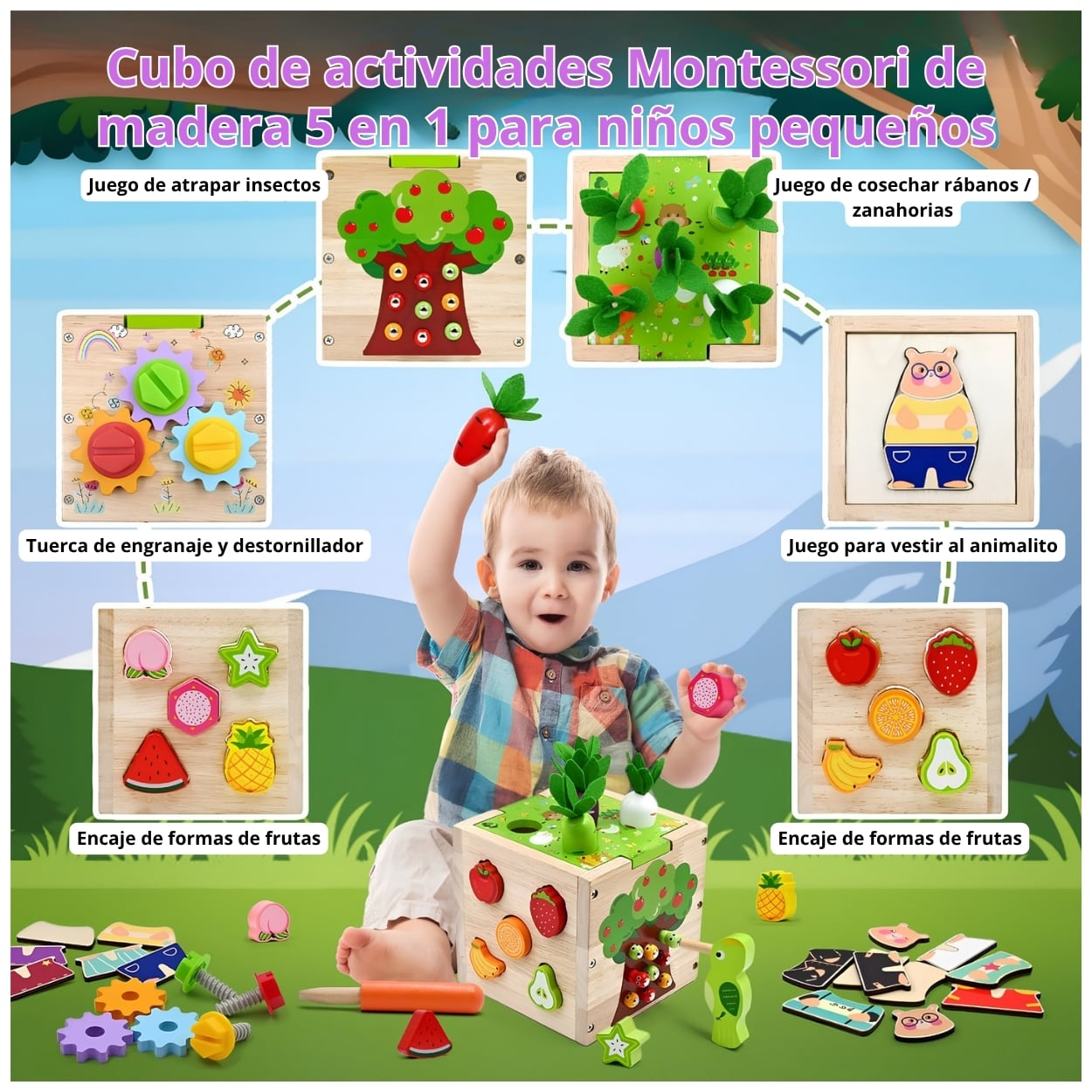 CUBO DIDÁCTICO MONTESSORI DE PÁJARO CARPINTERO 5 EN 1 - 5