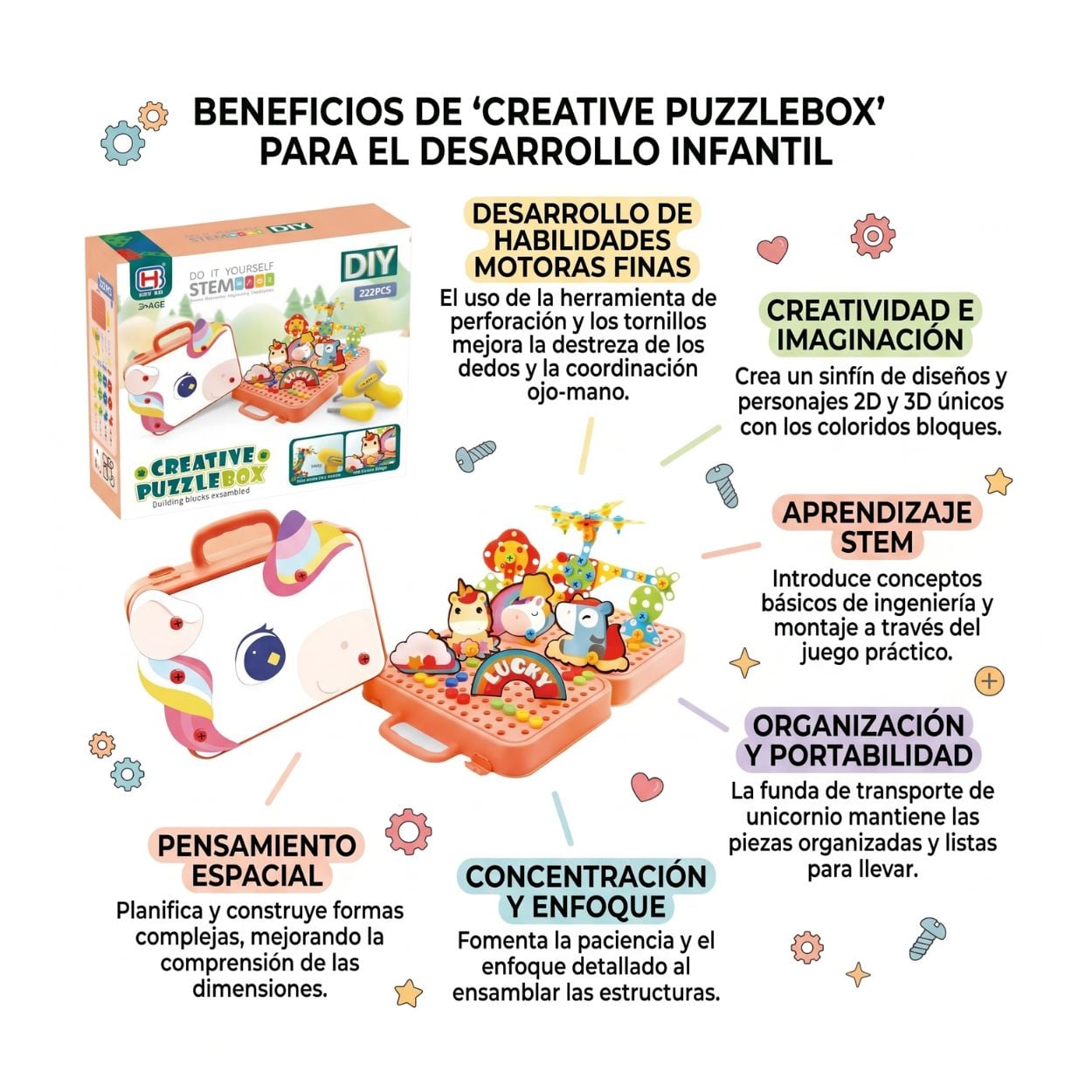 JUGUETE DIDÁCTICO UNICORNIO MOSAICO STEM ROMPECABEZAS CON TALADRO 232 PCS - 4