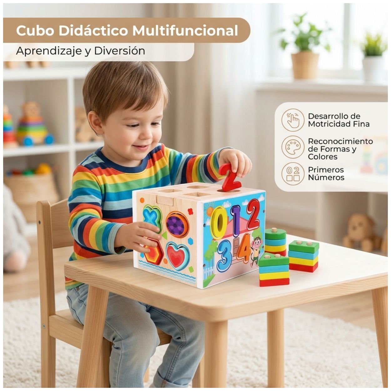 JUEGO DIDÁCTICO CUBO DE DIFICULTAD Y ENCAJE MONTESSORI DE MADERA CON NÚMEROS 6 EN 1 - 5