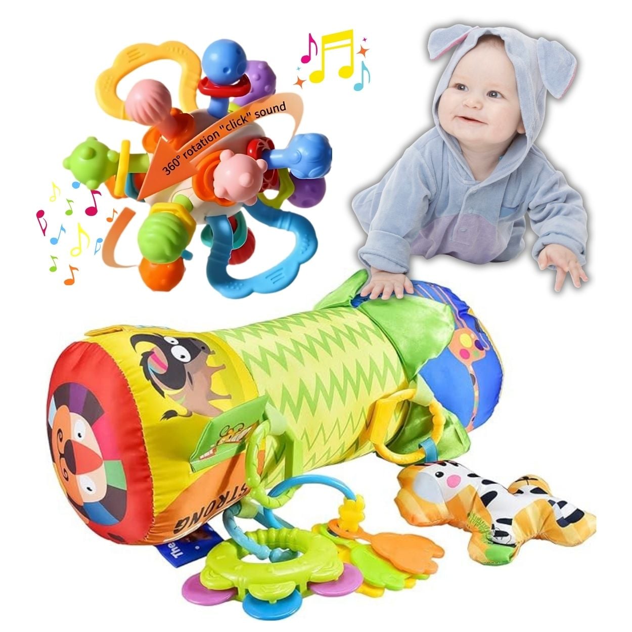 Pack Estimulación Temprana Rodillo de Gateo Sensorial + Sonajero Molar para Bebés - 1