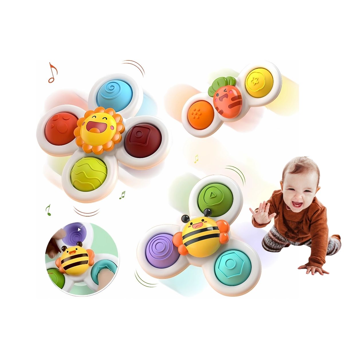 SET DE ANIMALITOS SPINNERS SENSORIALES CON VENTOSA PARA BEBÉ - 1