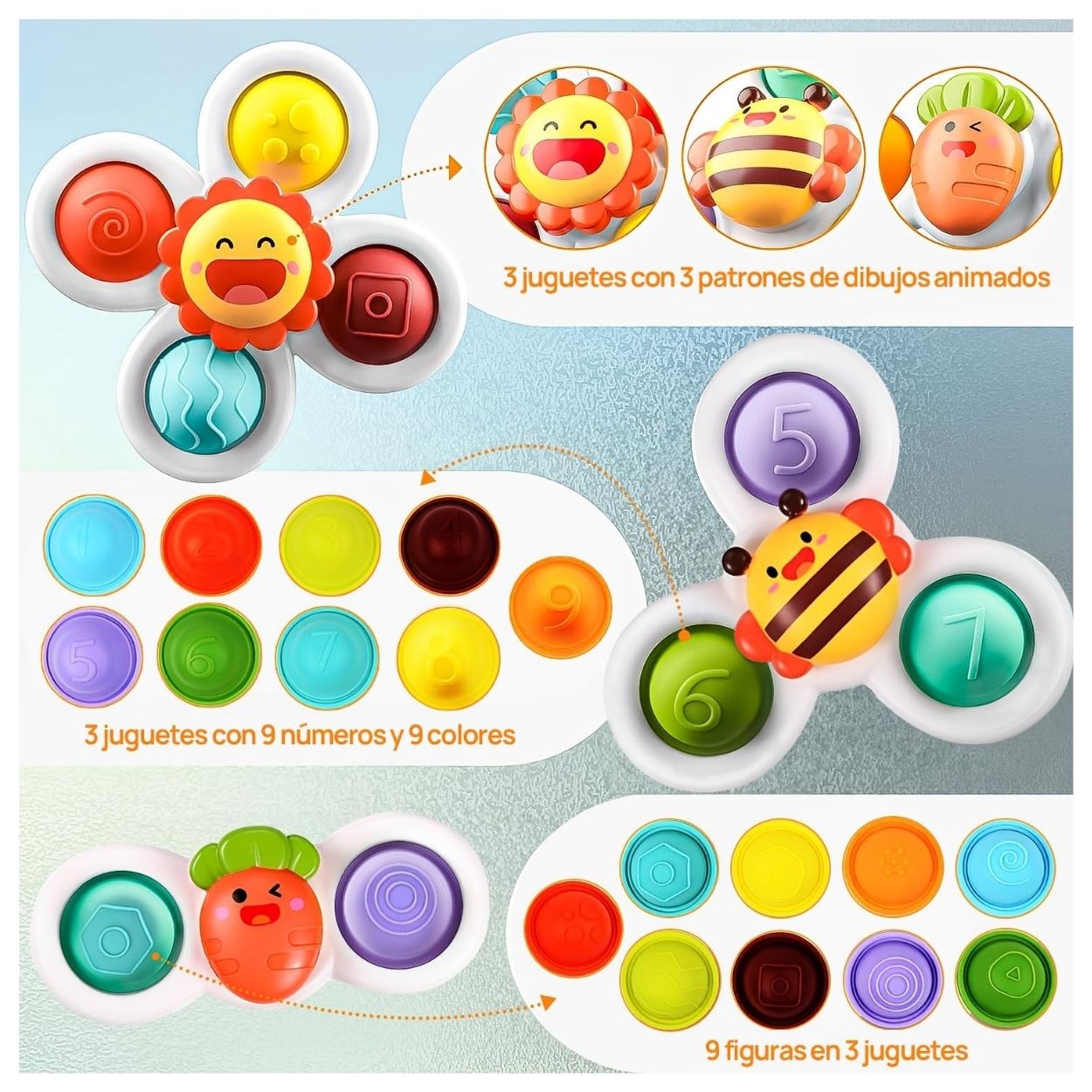 SET DE ANIMALITOS SPINNERS SENSORIALES CON VENTOSA PARA BEBÉ - 6