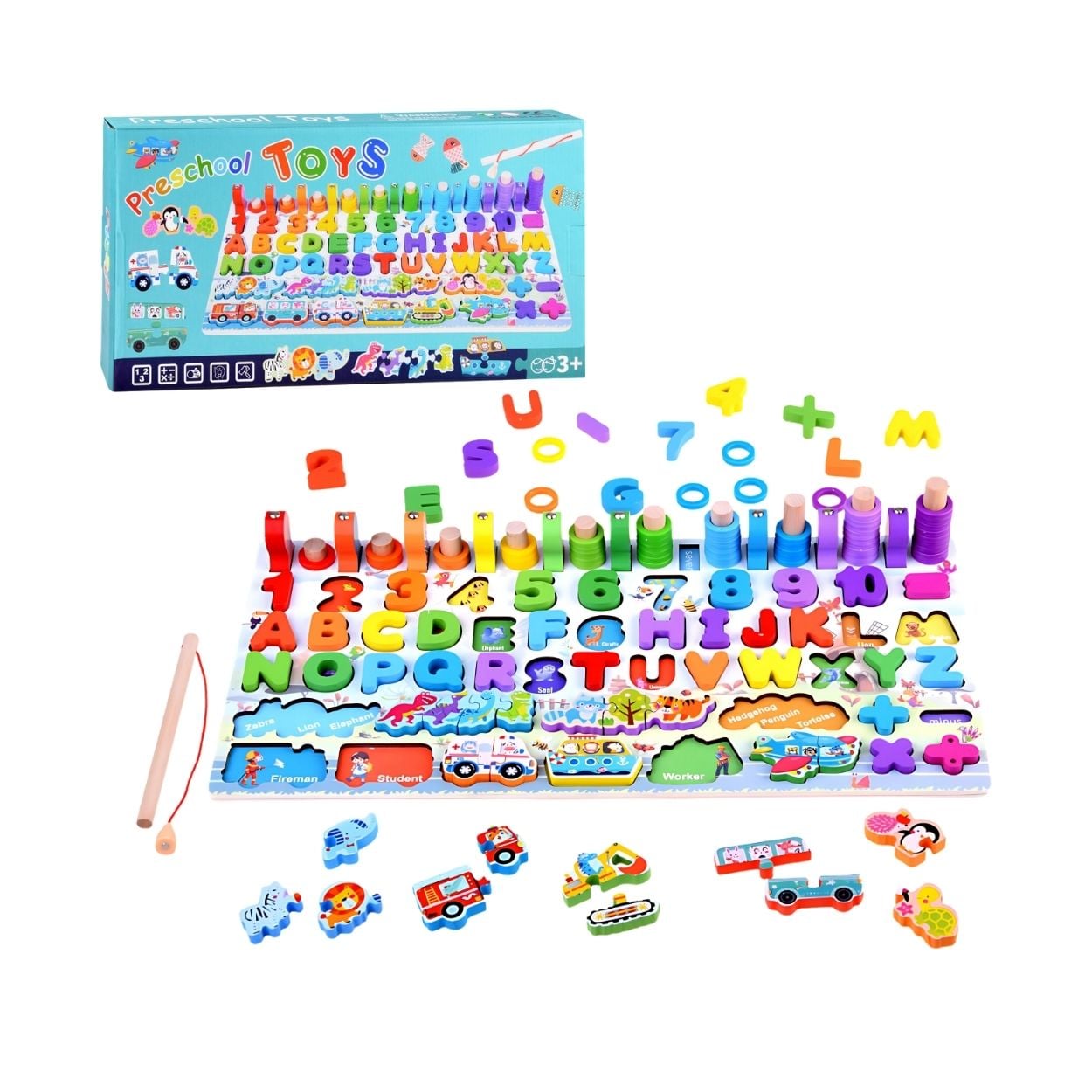 TABLERO MONTESSORI PESCA Y CLASIFICACIÓN 6 EN 1 NUMEROS LETRAS PARA NIÑOS - 1