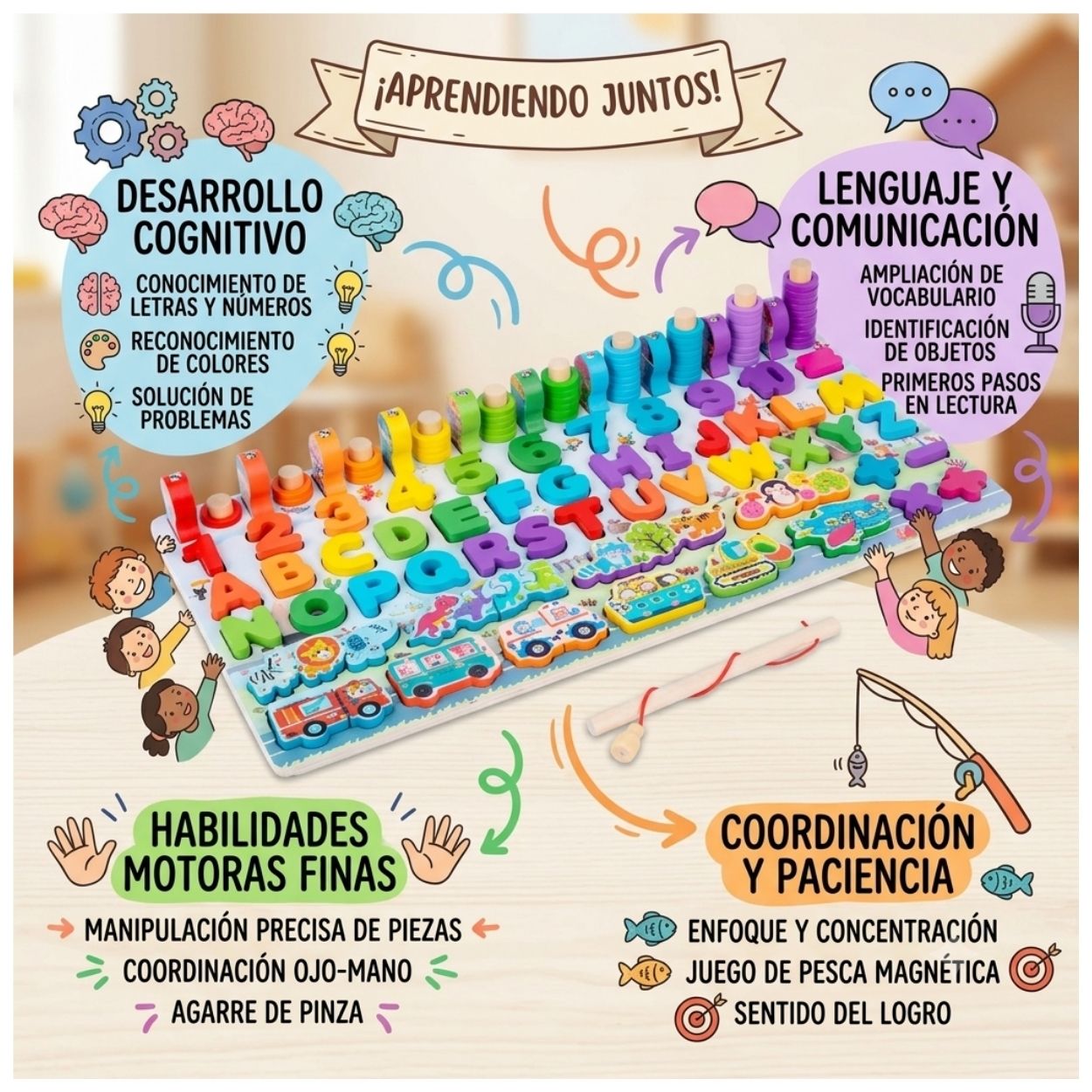 TABLERO MONTESSORI PESCA Y CLASIFICACIÓN 6 EN 1 NUMEROS LETRAS PARA NIÑOS - 5