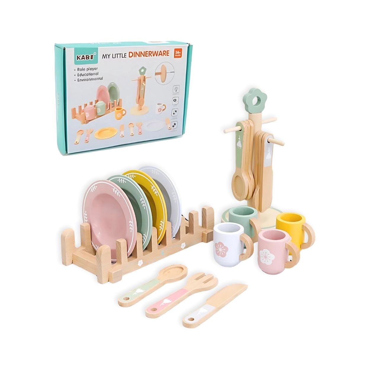 SET VAJILLA COLORIDA DE MADERA CON PLATOS PARA NIÑOS 28PZS - 1