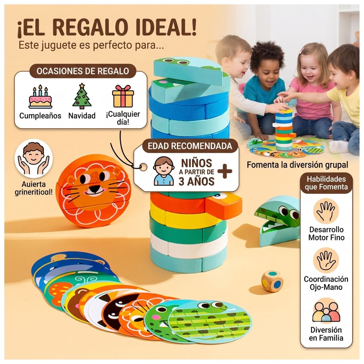 JUEGO TORRE DE ANIMALES EQUILIBRIO MONTESSORI DE MADERA - 2