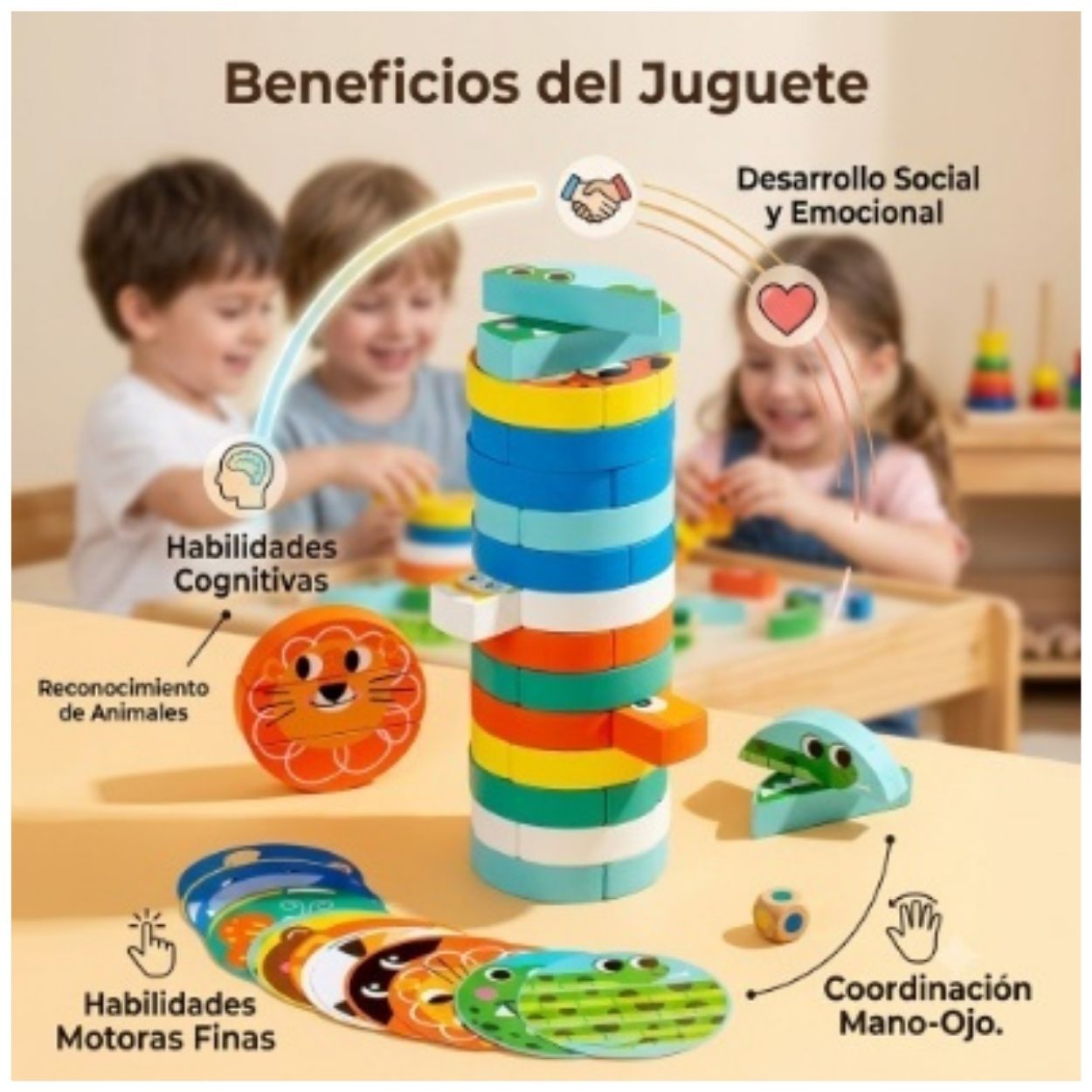 JUEGO TORRE DE ANIMALES EQUILIBRIO MONTESSORI DE MADERA - 5