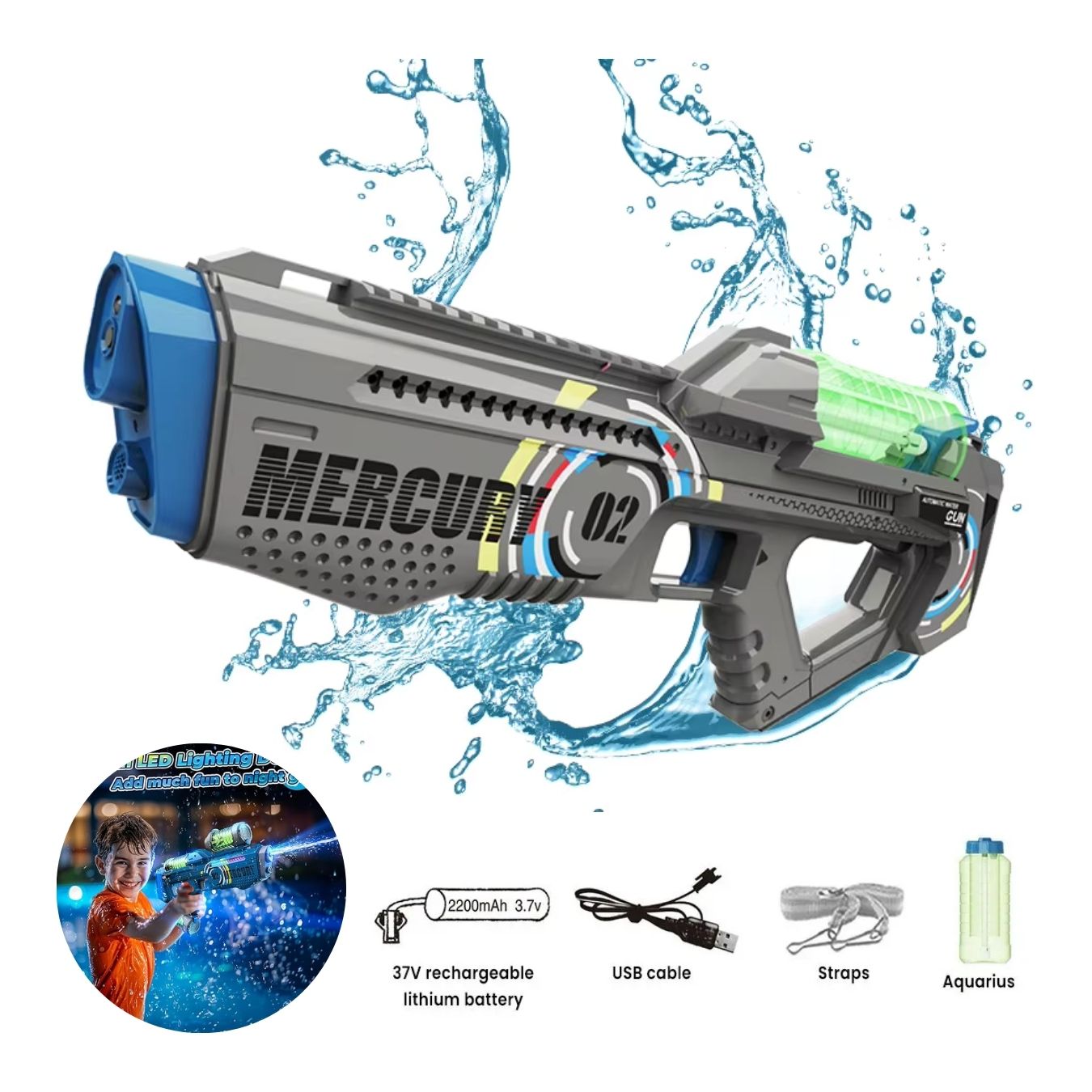 JUGUETE PISTOLA DE AGUA LUMINOSA MERCURY02 LUCES Y SONIDOS - 1