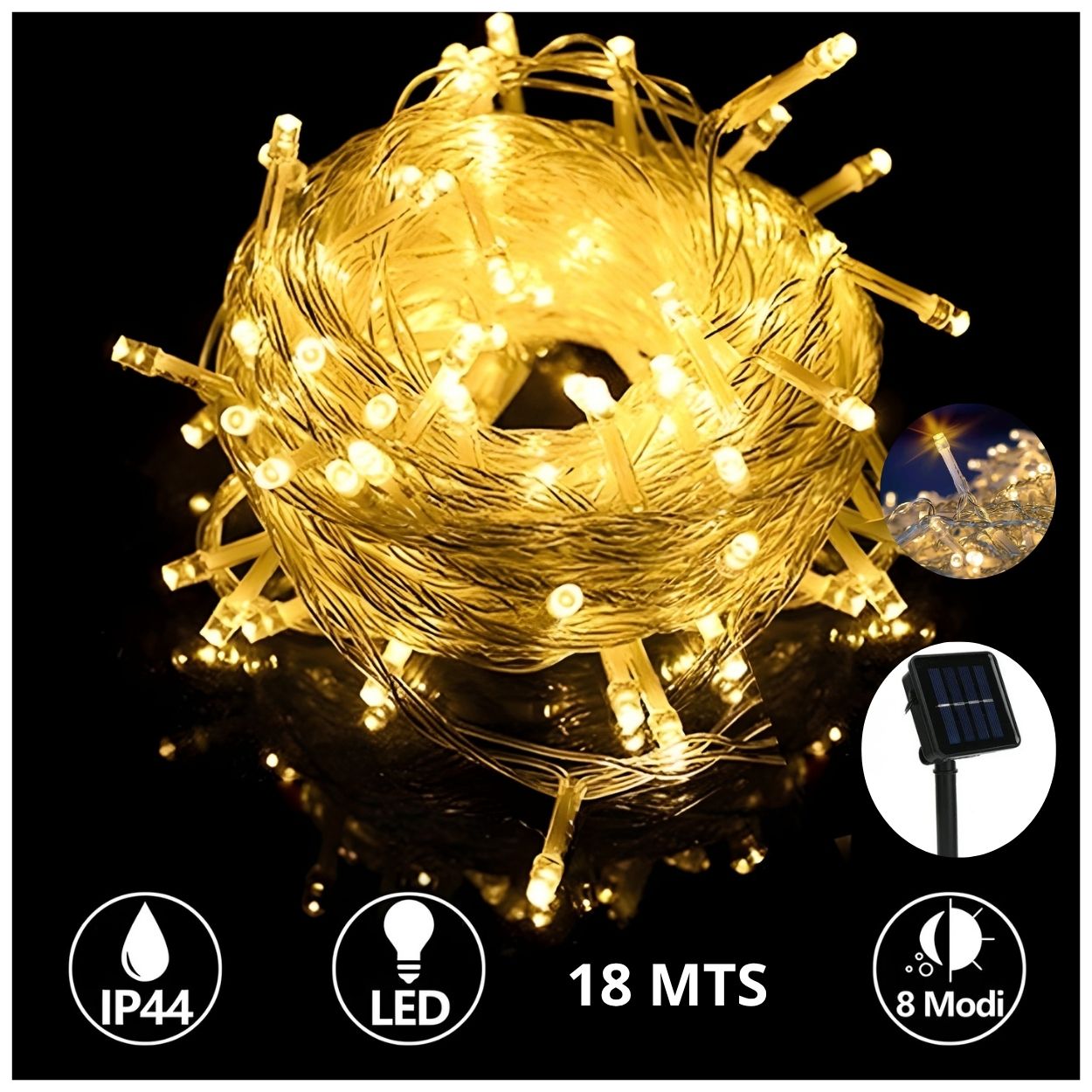 LUCES NAVIDEÑAS ÁMBAR CON PANEL SOLAR -18 MTS LUZ CÁLIDA - 1
